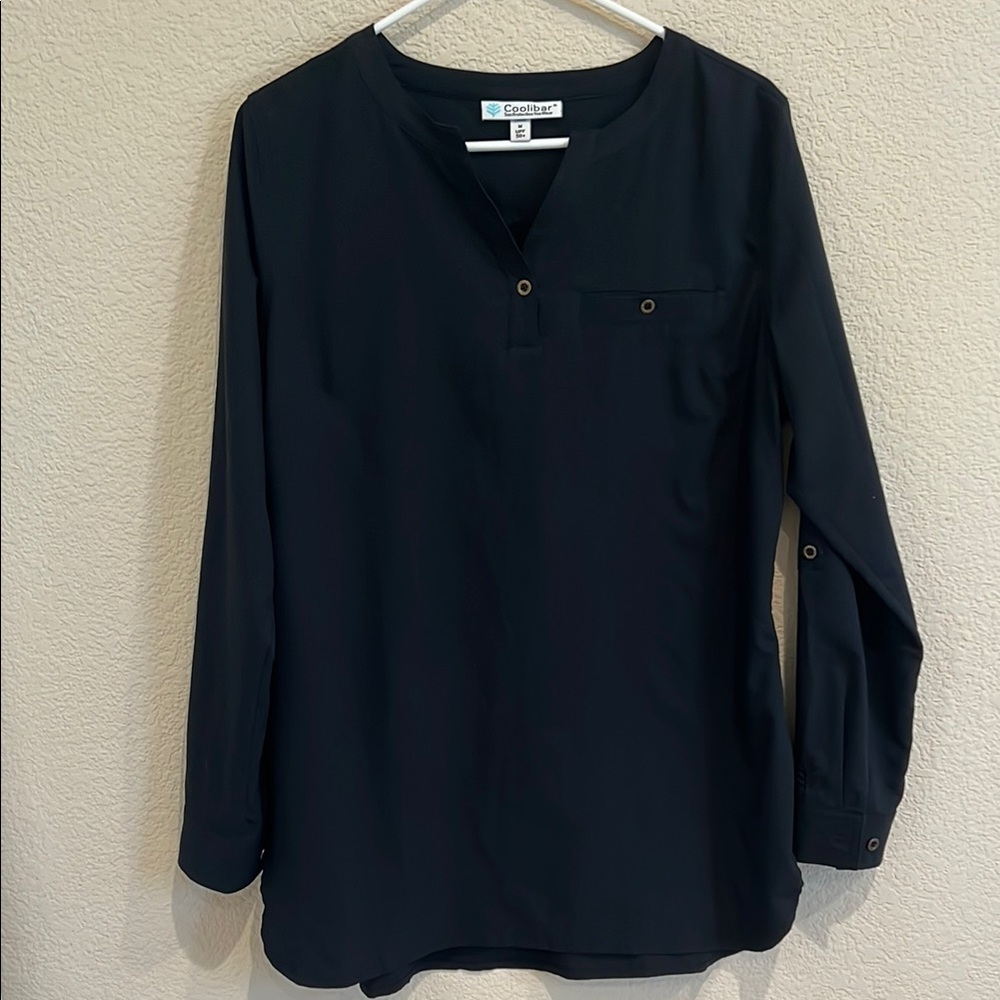 Coolibar UPF 50+ black travel tunic top long sleeve, medium